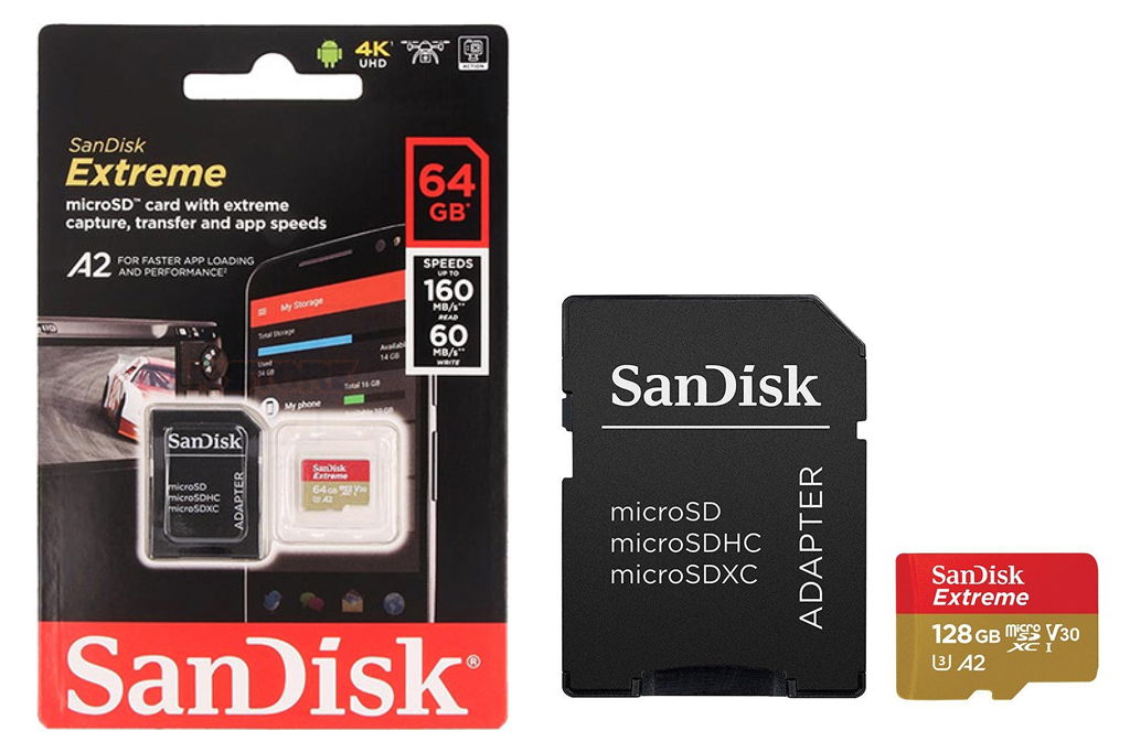 SanDisk Extreme microSDXC Class 10 UHS Class 3 V30 A2 160MB s 64GB + SD adapter